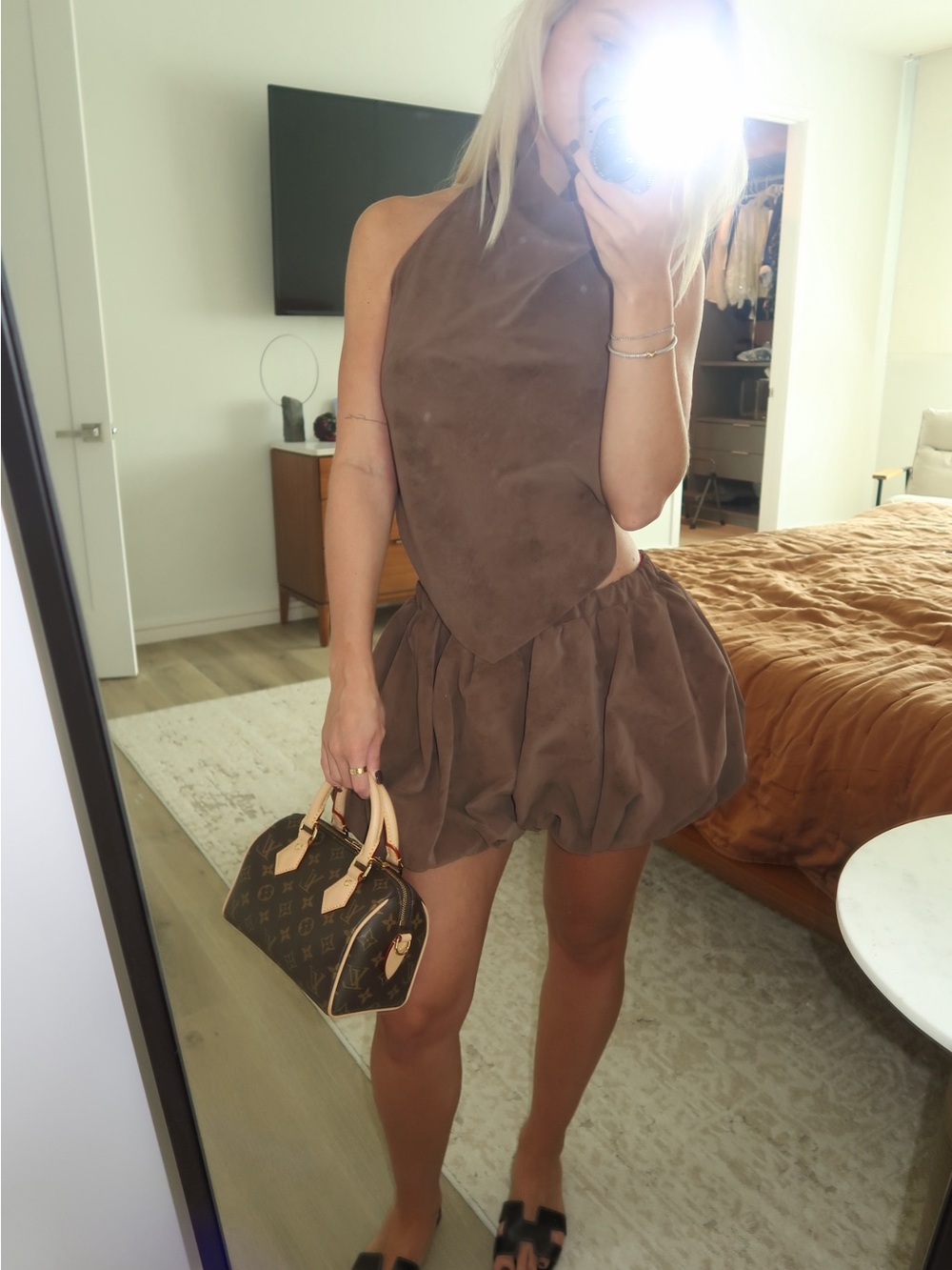 Women’s Brown Halter Mini Dress with Bubble Skirt XS